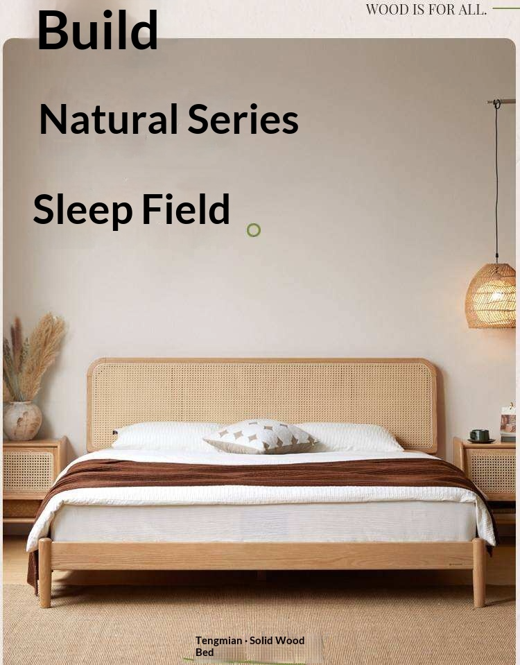 Oak Solid Wood Platform Bed with Curved Rattan Headboard