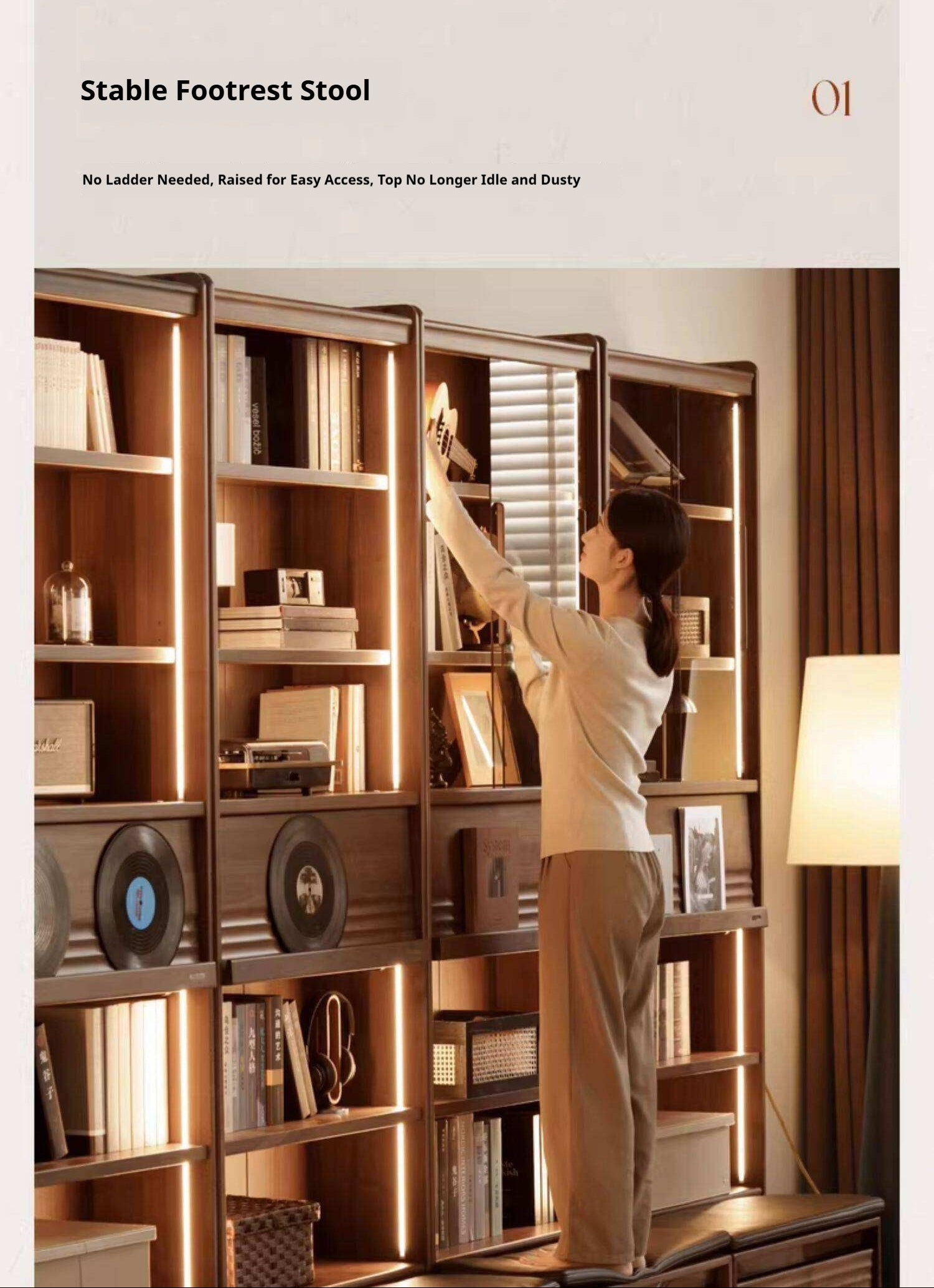 Black Walnut Solid Wood Integrated Wall Bookcase with Floor Display