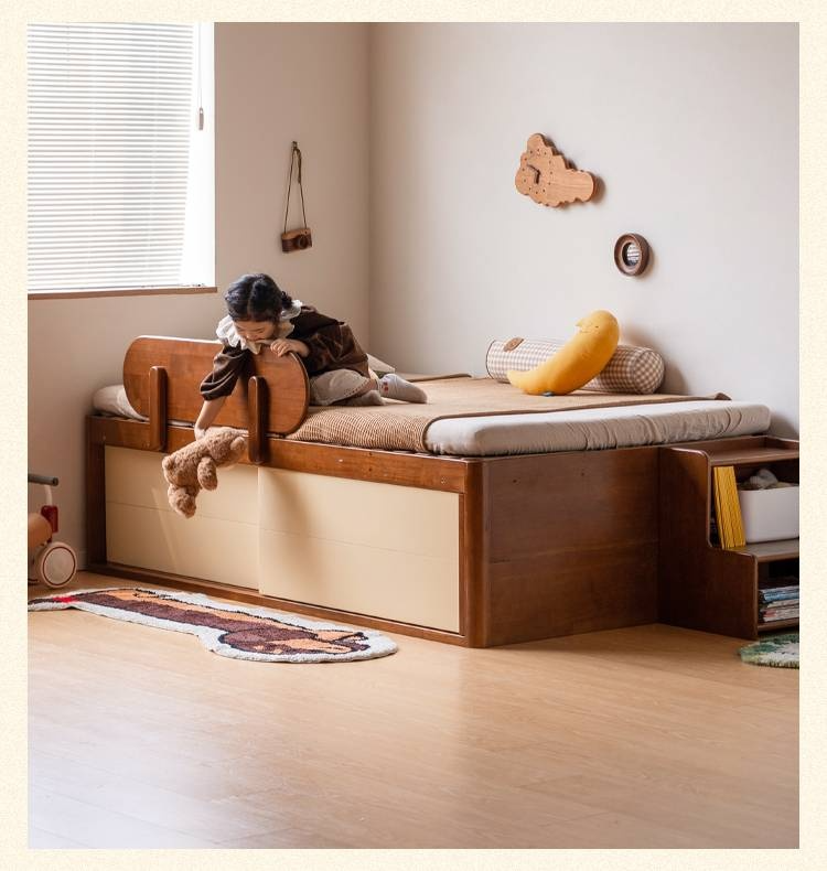 Rubberwood Solid Wood Kids’ Platform Bed and Hidden Storage