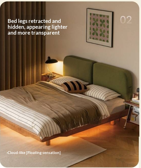 Cherry Solid Wood Upholstered Bed — Platform Bed, Headboard-Free Bed Floor Style, Simple Floating Bed