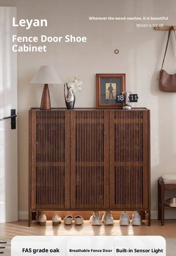 Oak Solid Wood Modern Slatted Shoe Cabinet with Ventilated Doors