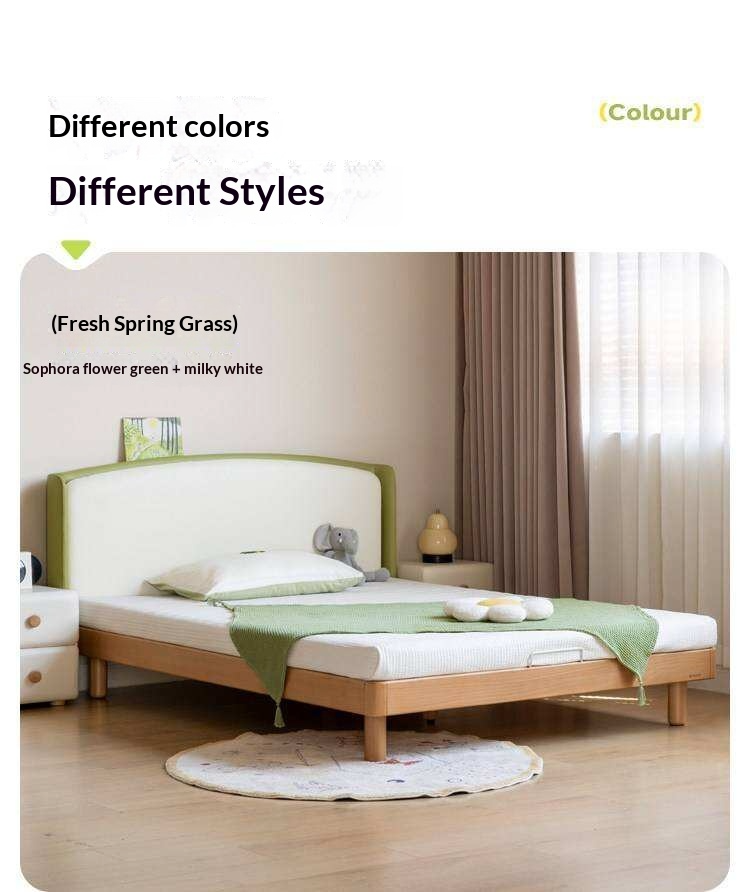 Beech Solid Wood Kids Upholstered Low Platform Bed with Curved Headboard