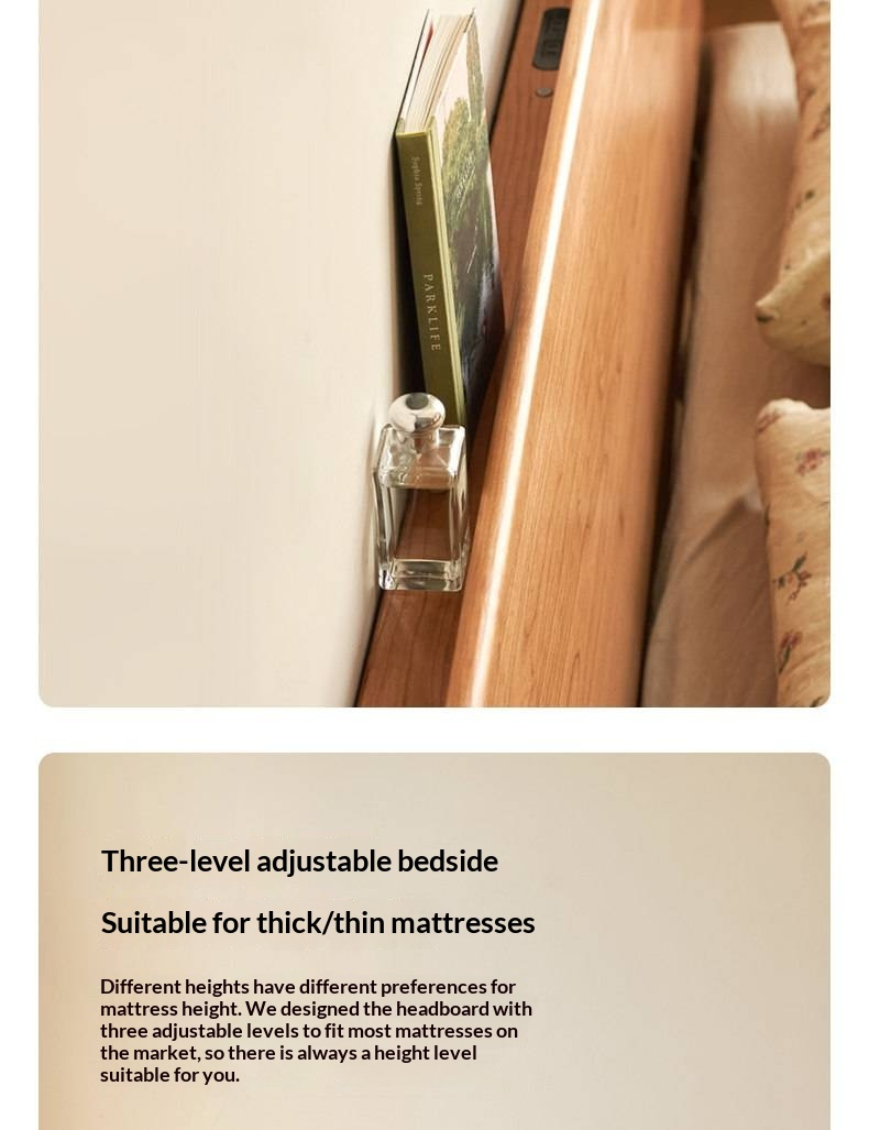 Cherry Solid Wood Bed — Retro Simple Luminous Bed with Charging and Storage