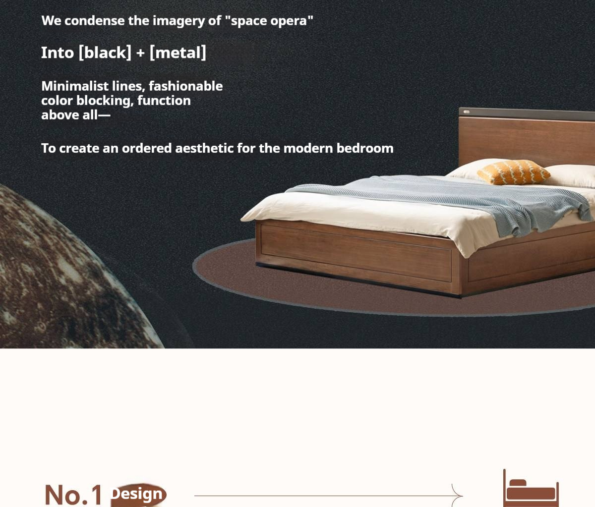 Golden Rosewood Solid Wood Bauhaus Storage Bed with Full Lift-Up Storage Box and Color-Block Headboard