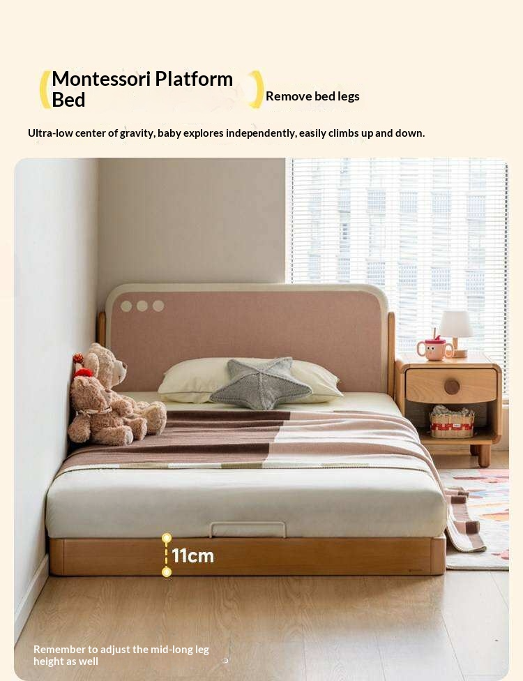 Beech Solid Wood Kids Montessori Platform Bed with Upholstered Headboard