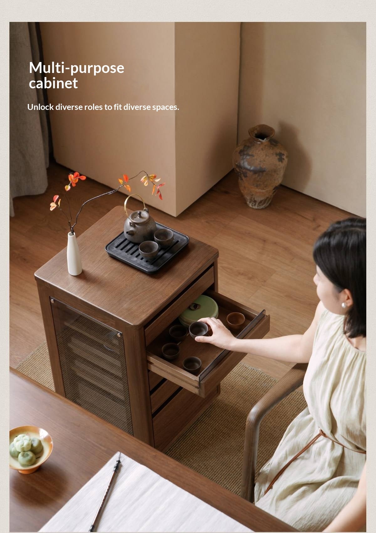 Black Walnut Solid Wood Tea Set Storage Rolling Side Cabinet with Fluted Drawers
