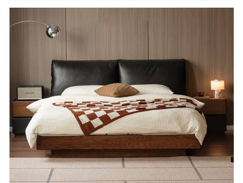 Oak Solid Wood Box Bed — Italian Light Luxury with Soft Genuine leather Backrest