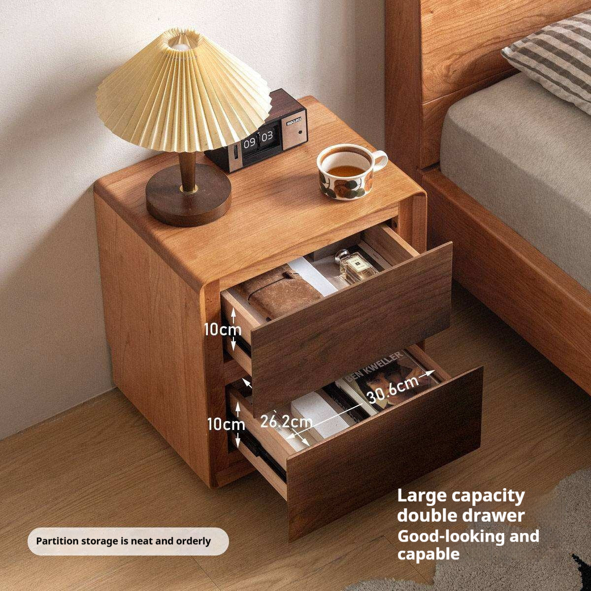 Cherry Solid Wood, Solid Rubberwood Nightstand