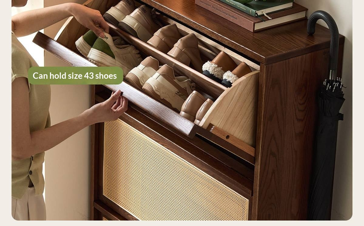 Oak Solid Wood Slim Entryway Shoe Cabinet with Rattan Flip-Down Doors