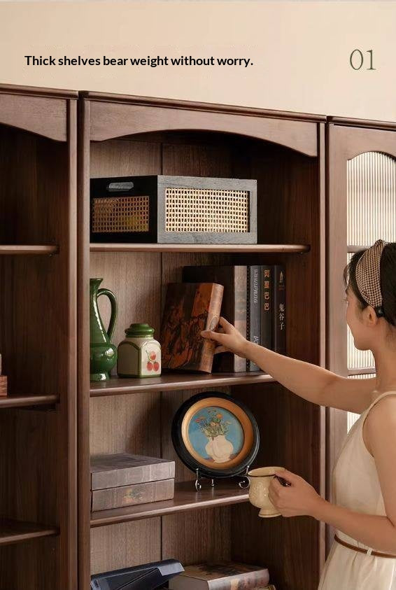 Black Walnut Solid Wood Bookshelf and Display Cabinet with Vintage French Profile