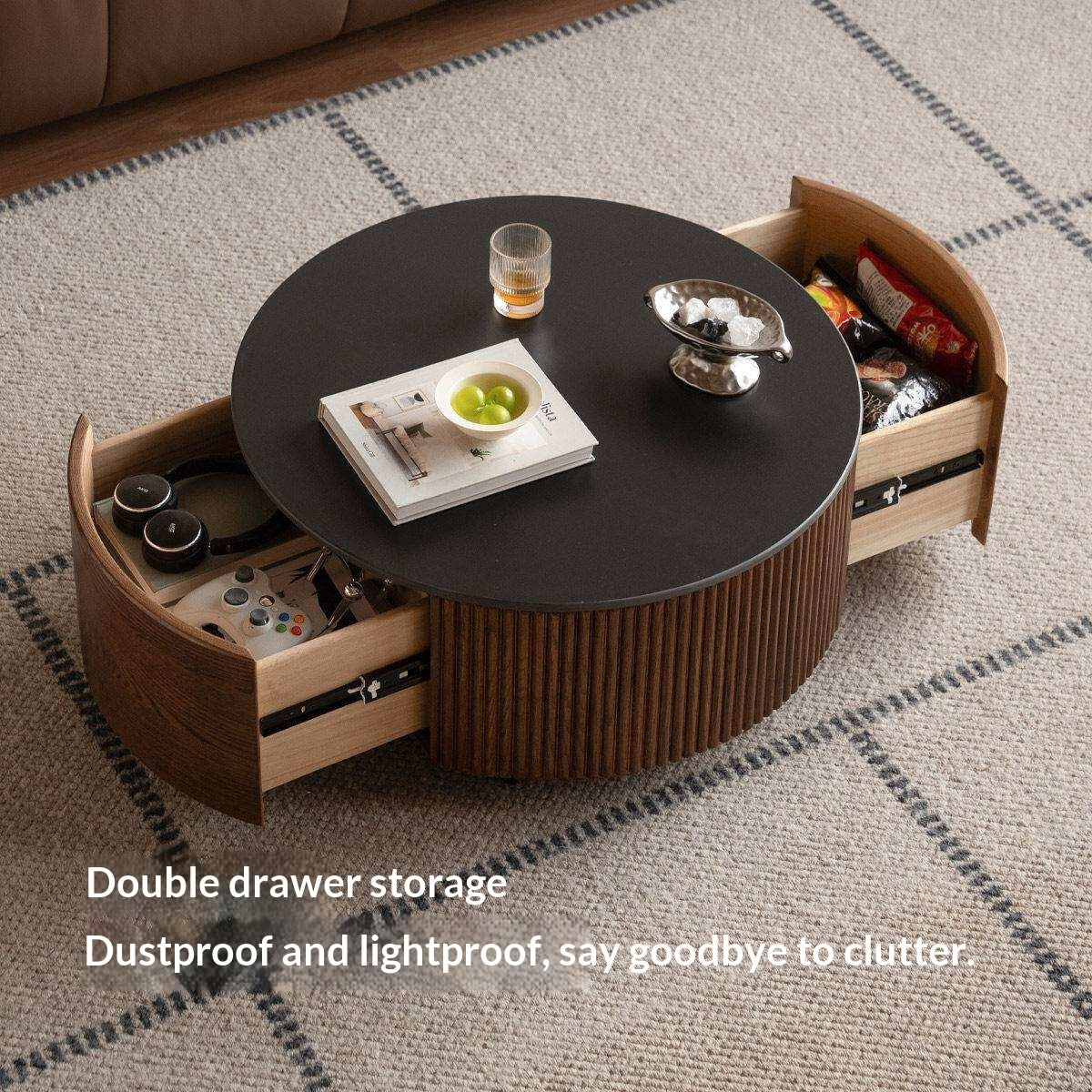 Oak Solid Wood Coffee Table with Layered Round Design and Rock Top
