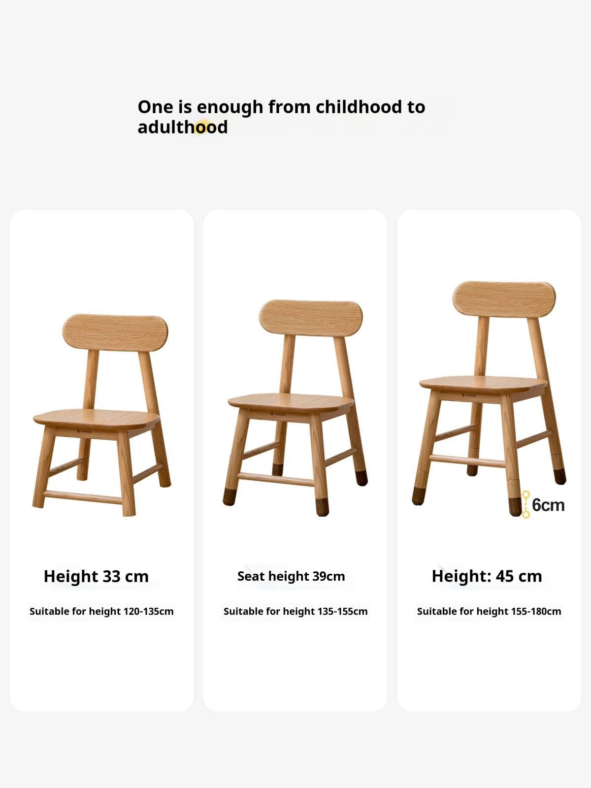 Oak, Beech Solid Wood Kids Chair Adjustable 3 Heights