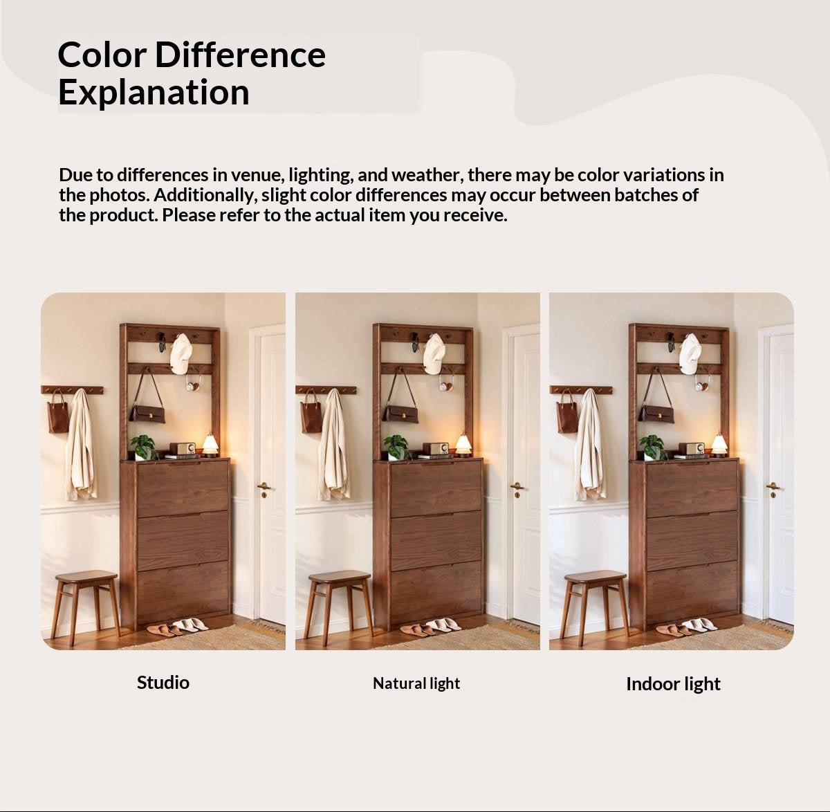 Oak Solid Wood Narrow Hall Tree with Shoe Storage Cabinet and Coat Hooks