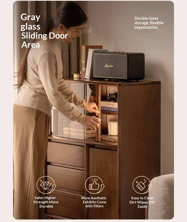 Golden Pear solid wood Side Cabinet with Enclosed Storage and Display Shelves