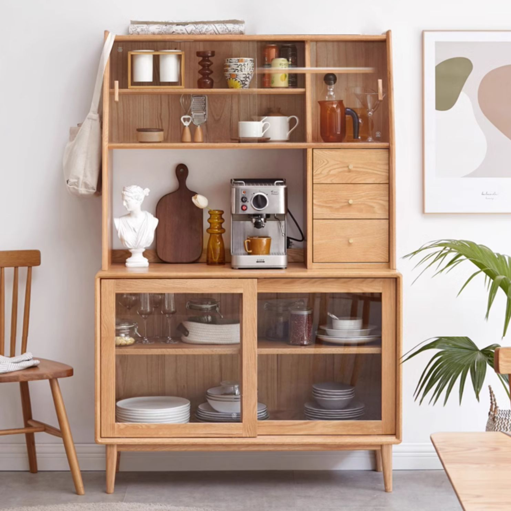 Oak solid wood Nordic sideboard integrated against the wall,