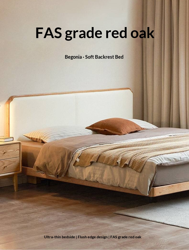 Oak Solid Wood Upholstered Bed — Modern Minimalist Design with Flush Edges