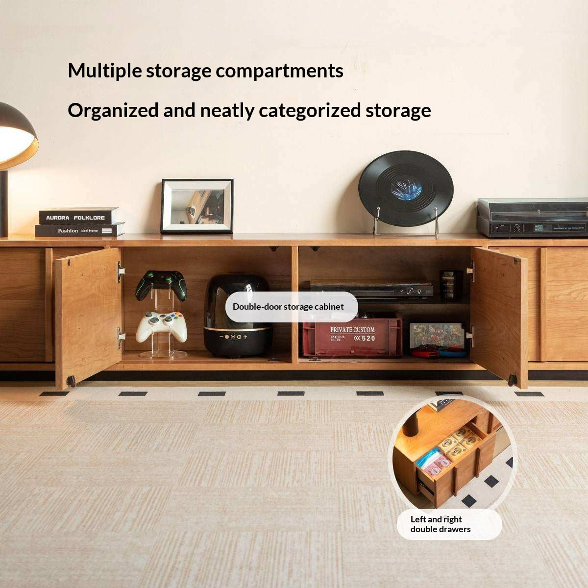 Cherry Solid Wood TV Stand with Simple Modern Storage Cabinet