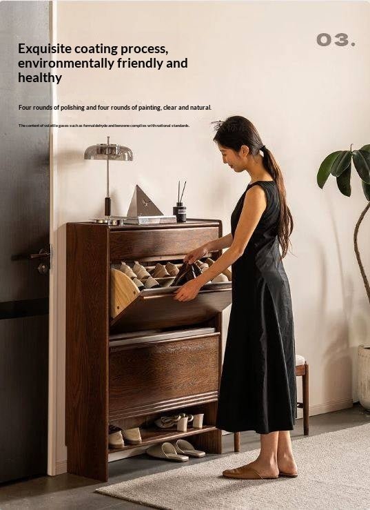 Oak Solid Wood Modern Shoe Cabinet with Flip Drawers and Open Shelf
