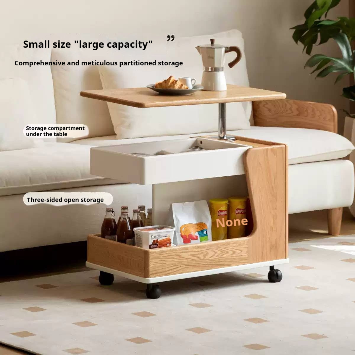 Oak Solid Wood Liftable Rotating Mobile Side Table