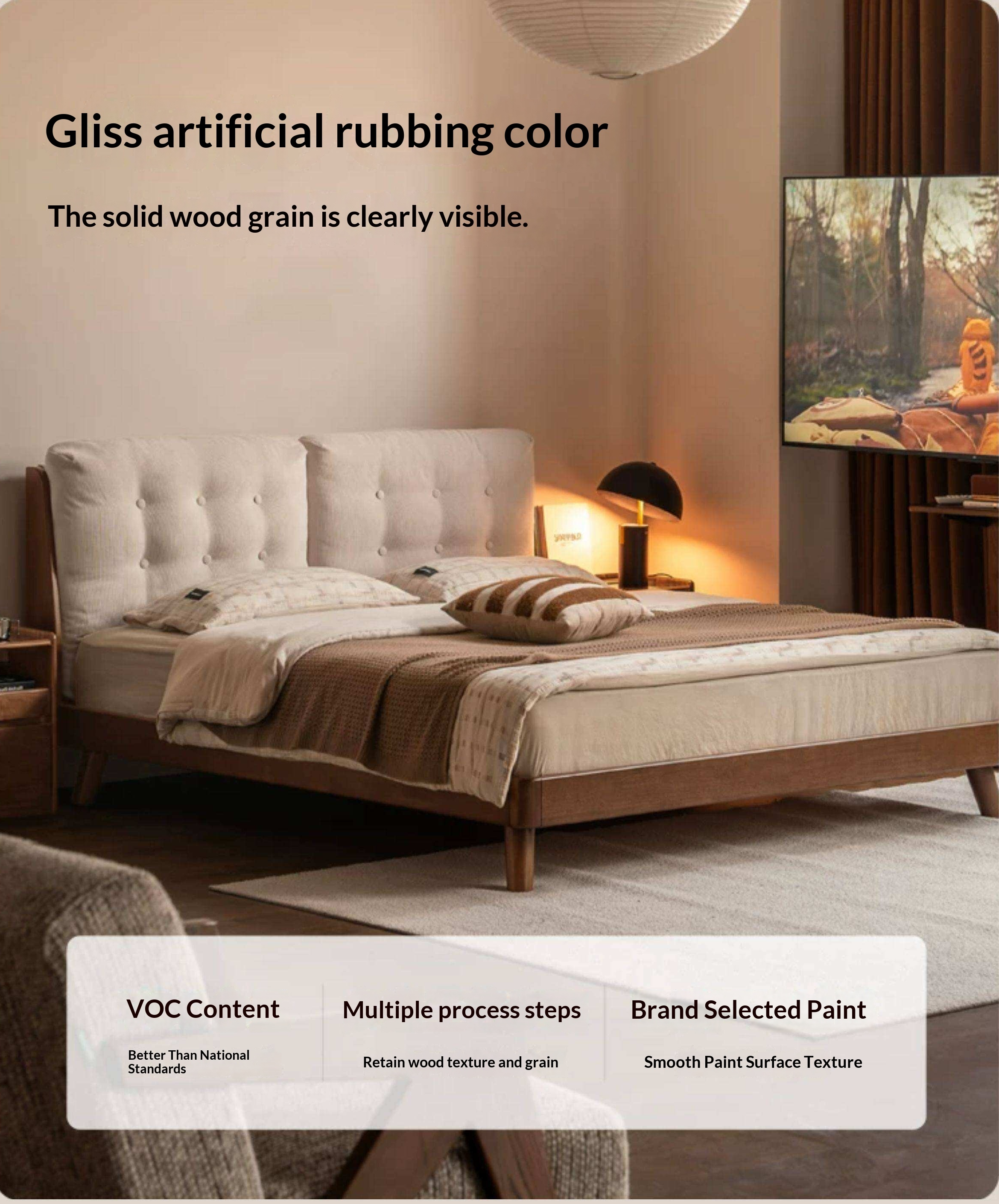 Rubberwood Solid Wood Bed with Oversized Soft Pillow Headboard