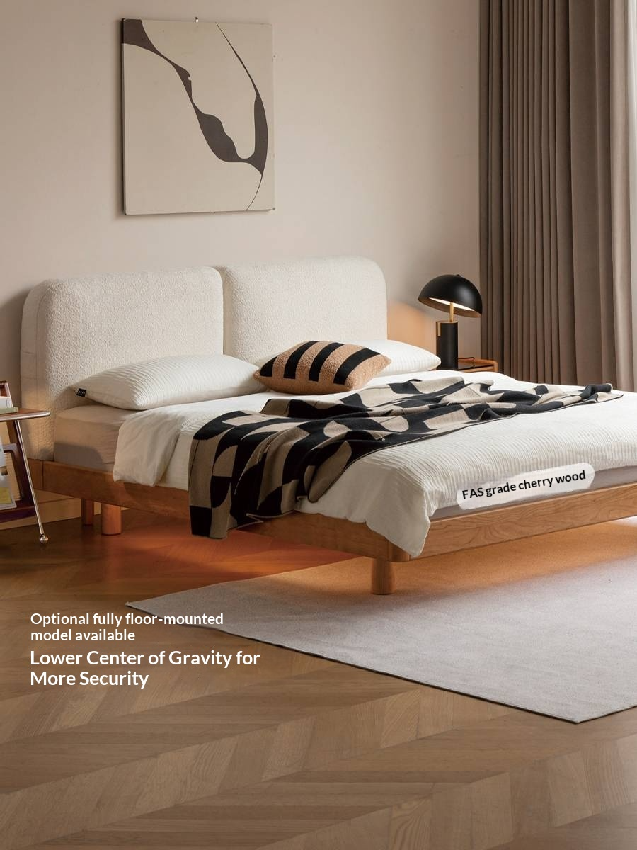 Cherry Solid Wood Upholstered Bed — Platform Bed, Headboard-Free Bed Floor Style, Simple Floating Bed