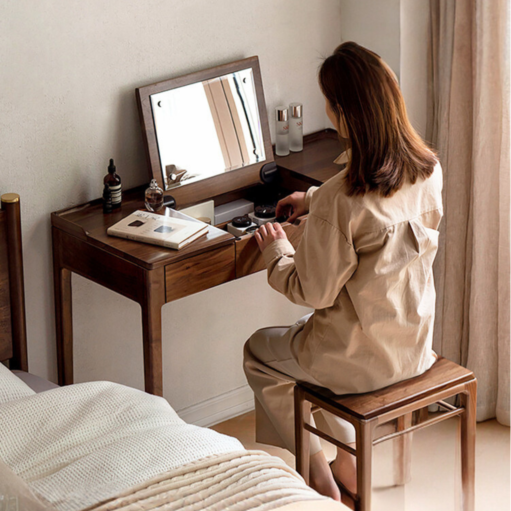 Black walnut, Ash solid wood flip dressing table :