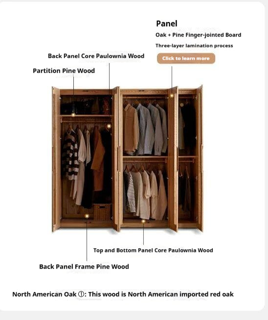 Oak, Solid Rubberwood Modern Wardrobe