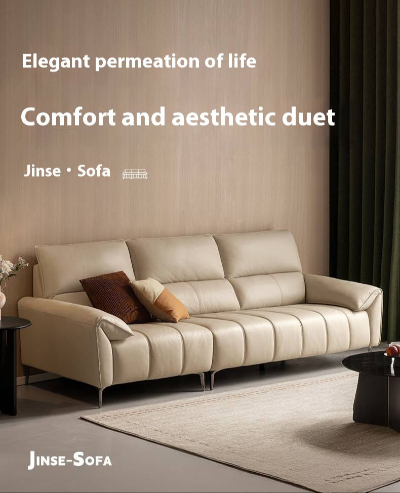 Genuine Leather Cream Sofa, Piano Key Design