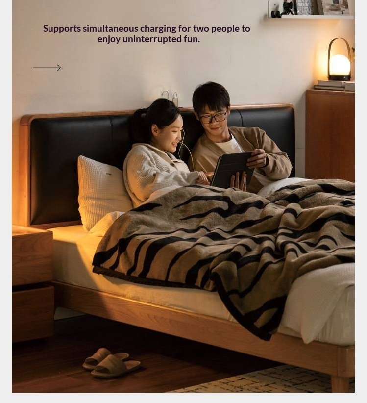 Cherry Solid Wood Bed with Top Layer Cowhide Soft Headboard Retro Style