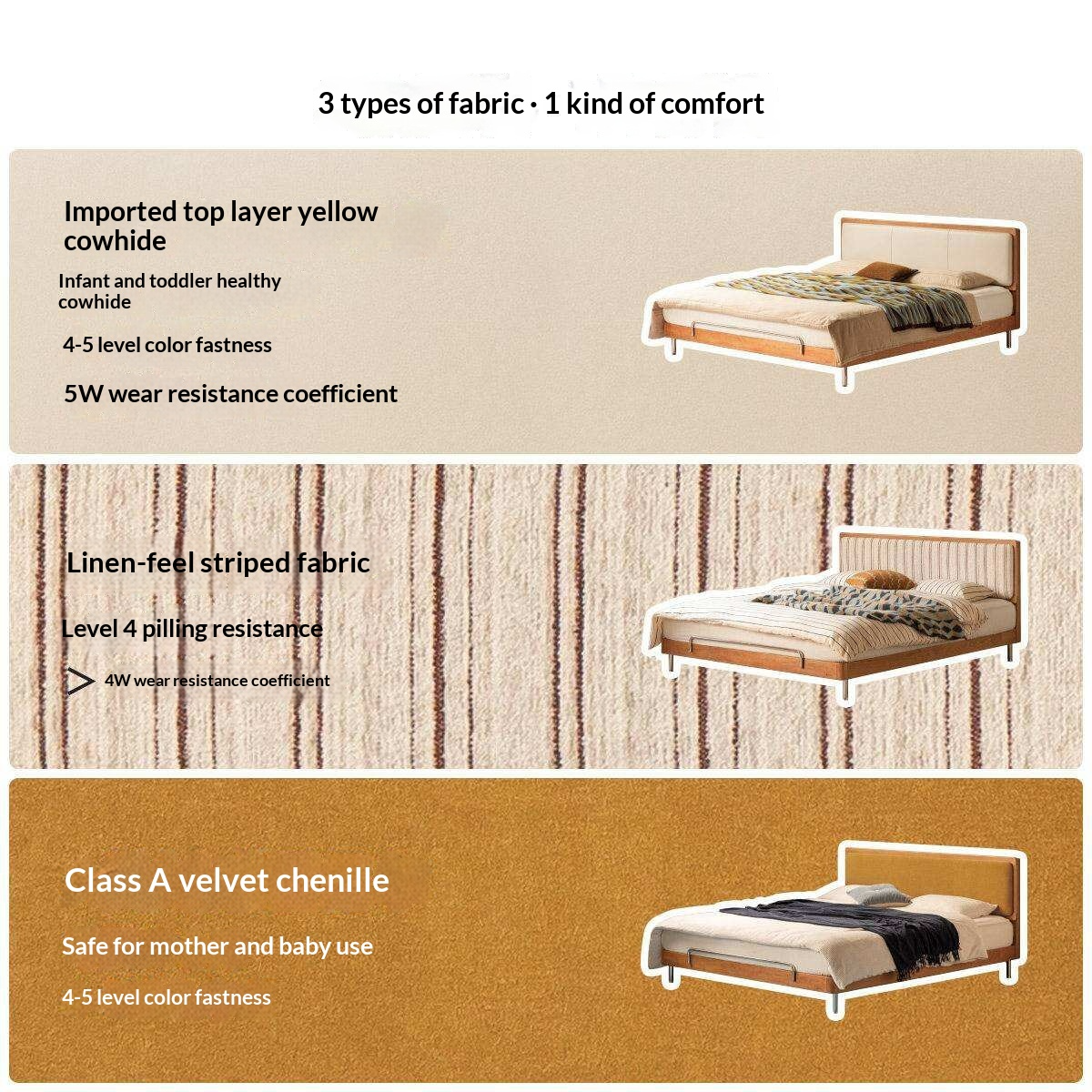 Cherry Solid Wood Bed with Modern Minimalist Design and Genuine Leather Headboard