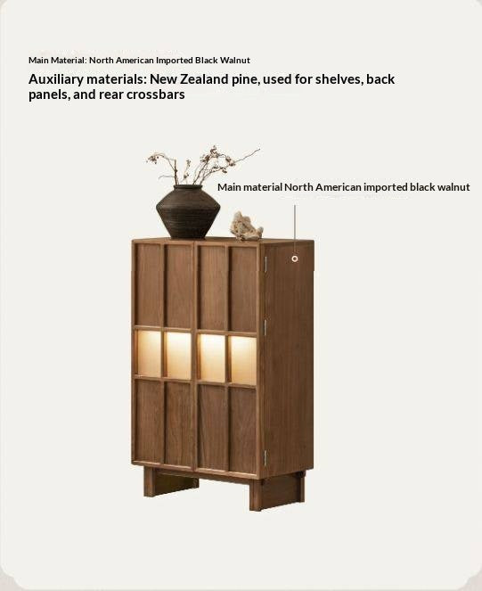 Black Walnut Solid Wood Lattice Door Side Cabinet with LED Lighting