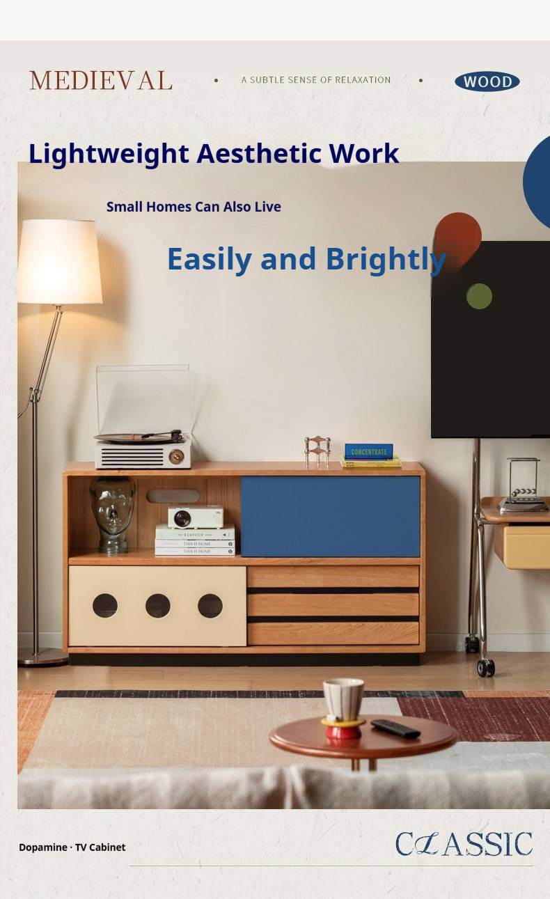 Cherry Solid Wood Vintage TV Stand with Wall-Mounted Tall Cabinet Design