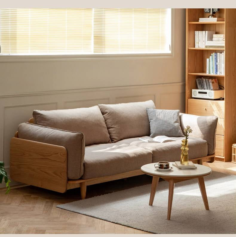Oak, Ash Solid Wood Sofa with Exposed Wide Arms, High-Back, Genuine leather -fabric