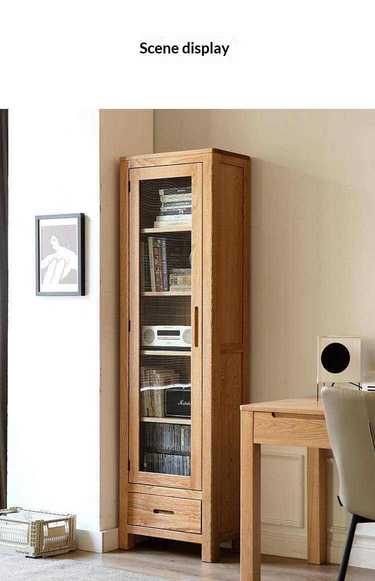 Oak, Solid Rubberwood Modern Bookcase with Glass Door Display Cabinet