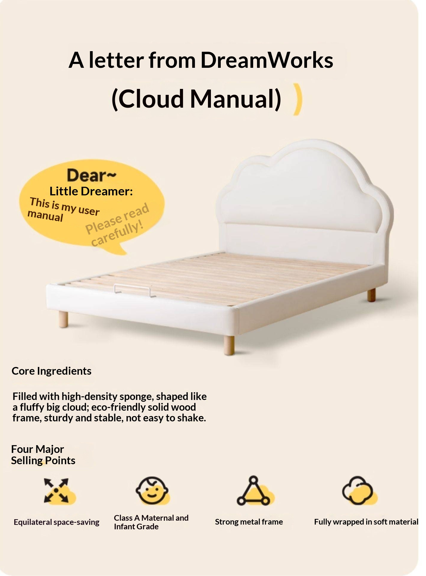 Сream style Organic Leather kid's Cloud Bed<