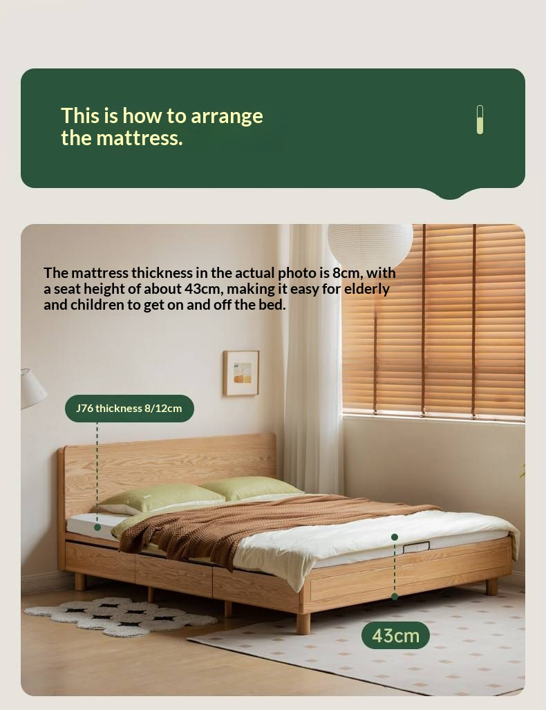 Oak Solid Wood Platform Storage Bed with Hidden Drawers and Bedside Shelf