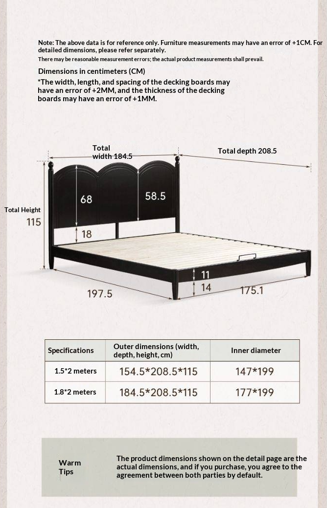 Rubberwood Solid Wood Bed — French Vintage Style, Large Slab Bed