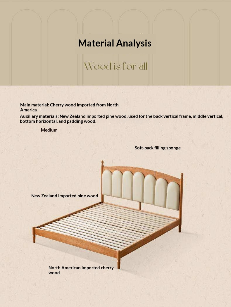 Cherry Solid Wood Genuine Leather, Velvet French-Inspired Scalloped Headboard Bed