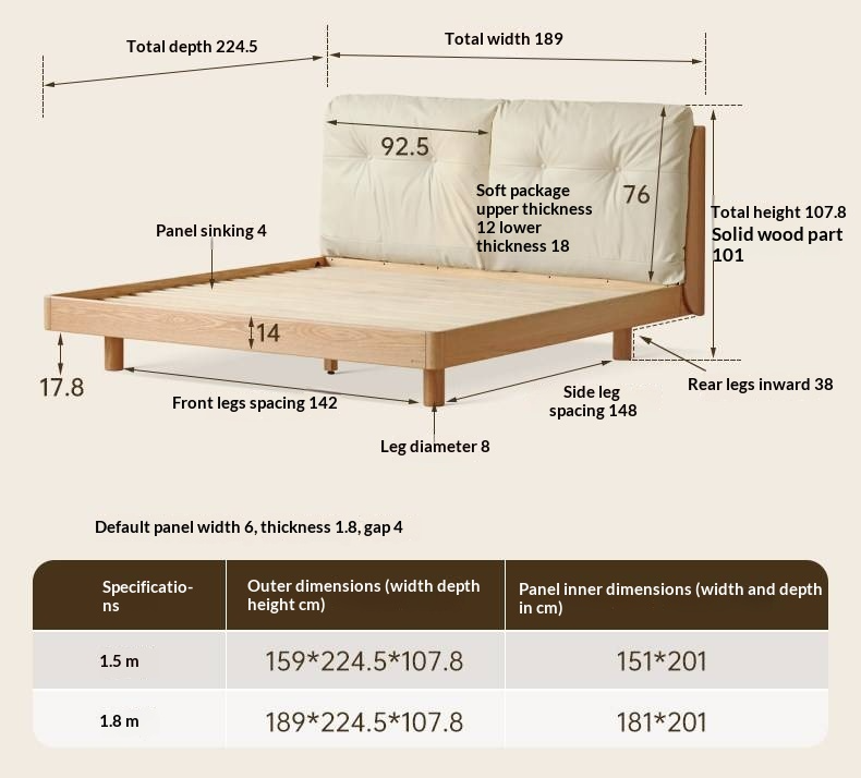Oak Solid Wood Bed — Modern Minimalist, Genuine Leather Upholstered, Floating Design with Light