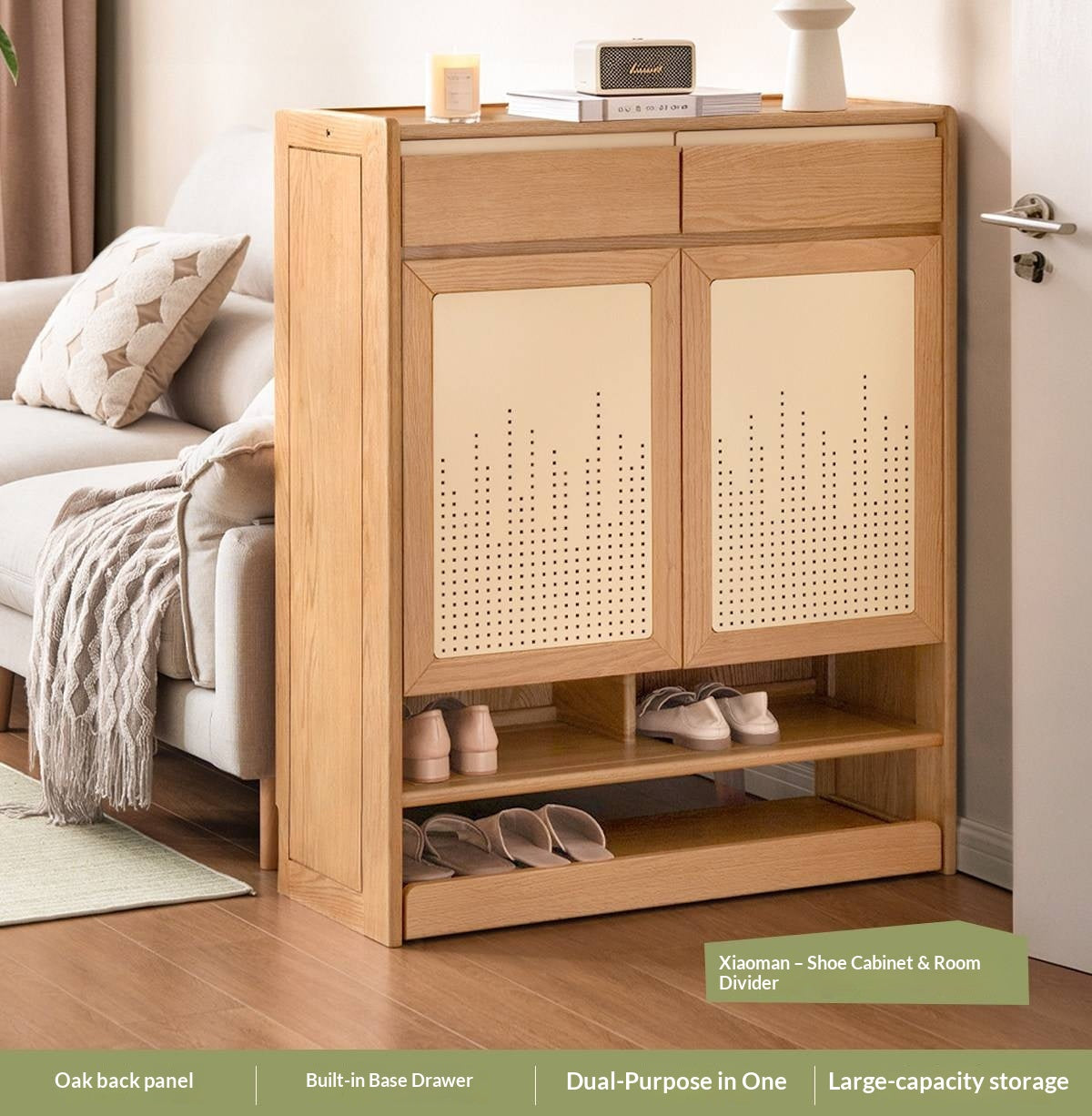 Oak Solid Wood Large Capacity Entryway Shoe Cabinet with Drawers