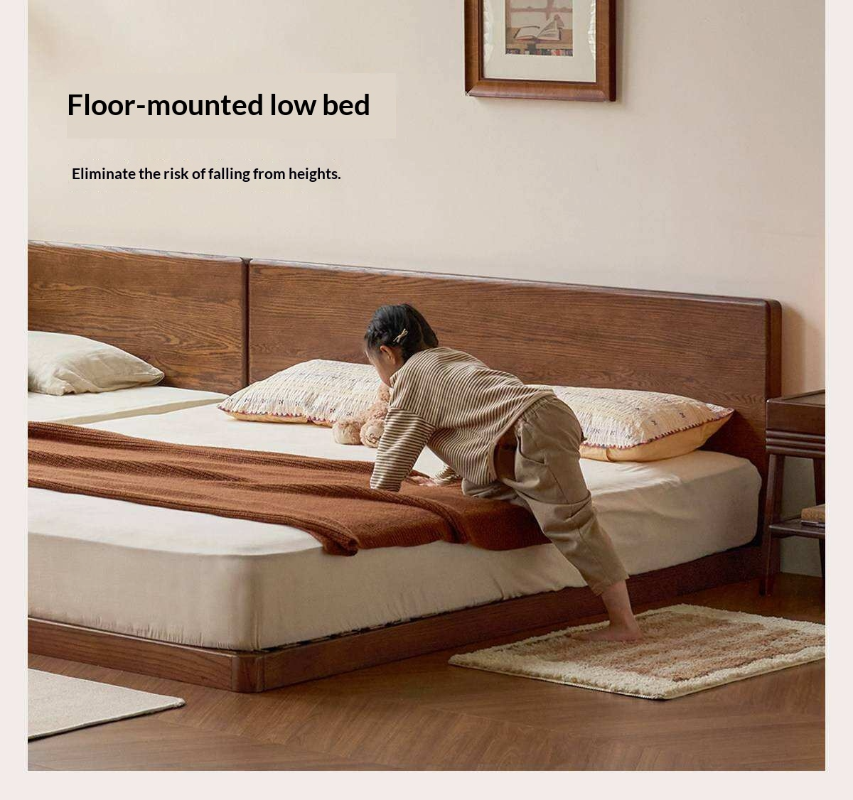 Oak Solid Wood Bed with Removable Headboard and Low Floor Design