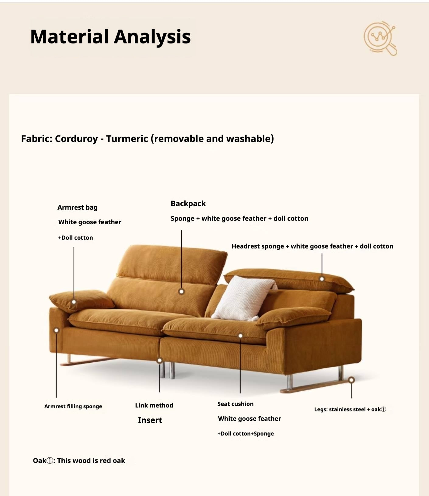 High-Back Corduroy Fabric Sofa with Removable Cover