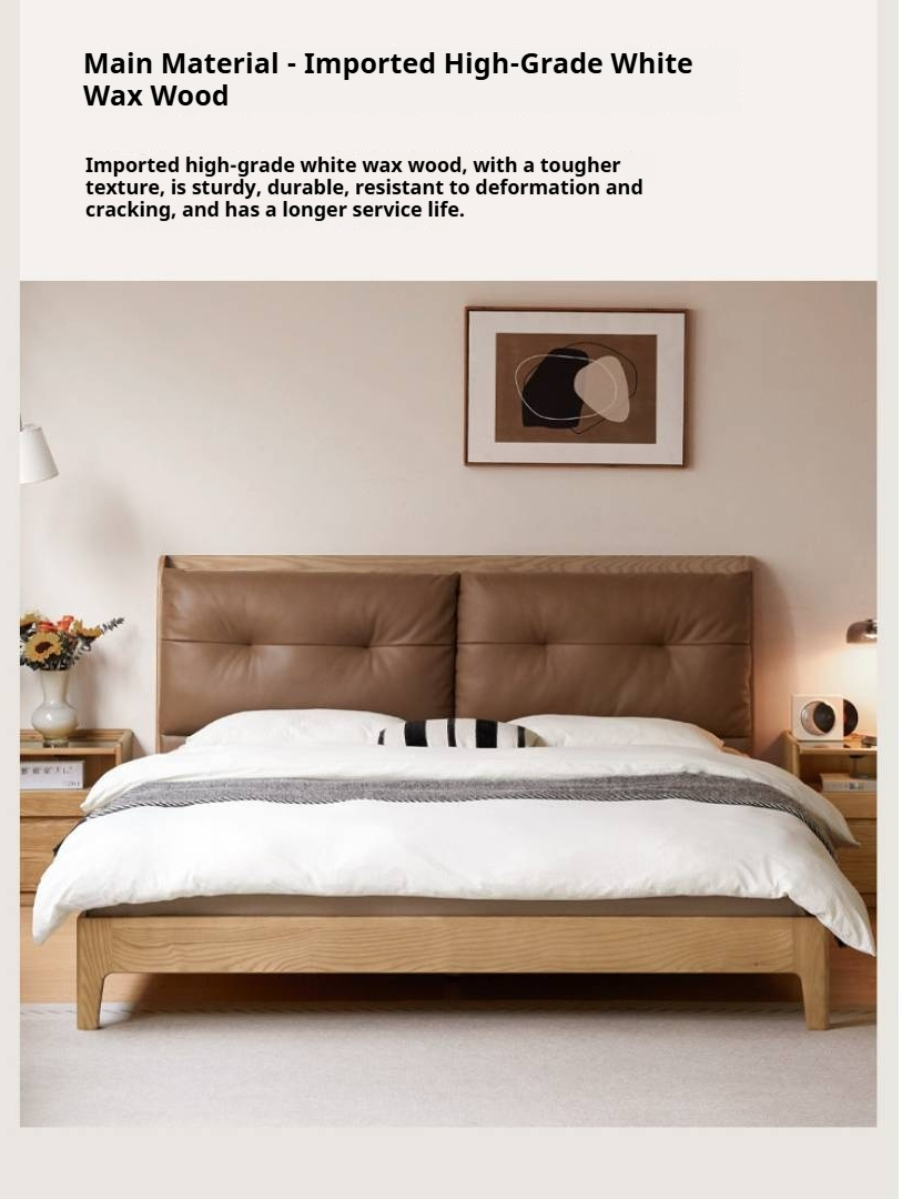 Ash Solid Wood Modern Leather Tufted Platform Bed with USB Charging Port