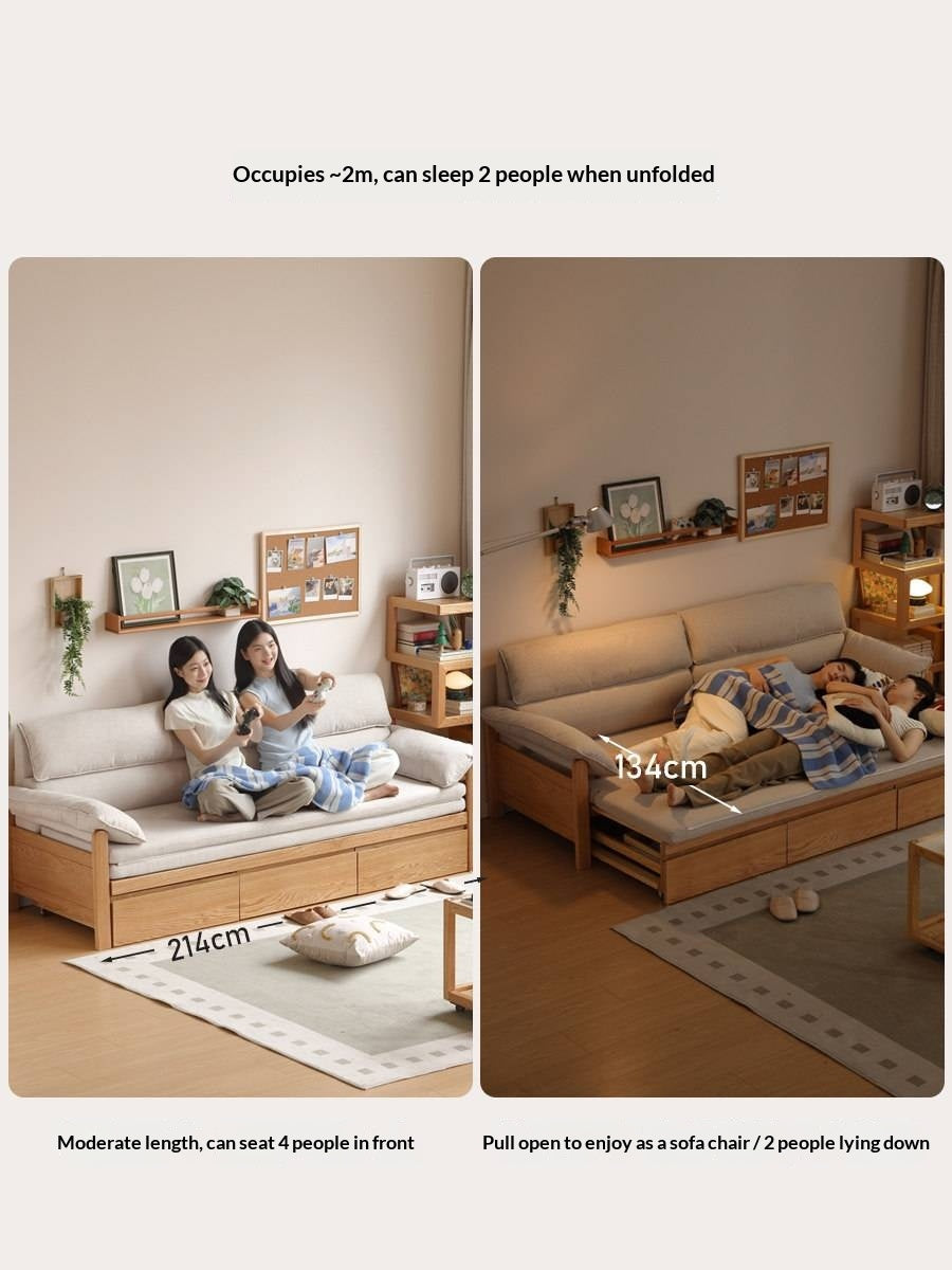 Oak Solid Wood Sofa Bed with Under-Seat Storage Drawers
