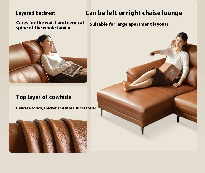 Genuine Leather Italian Minimalist Sectional Sofa – First-Layer Cowhide Corner Sofa with Chaise Lounge