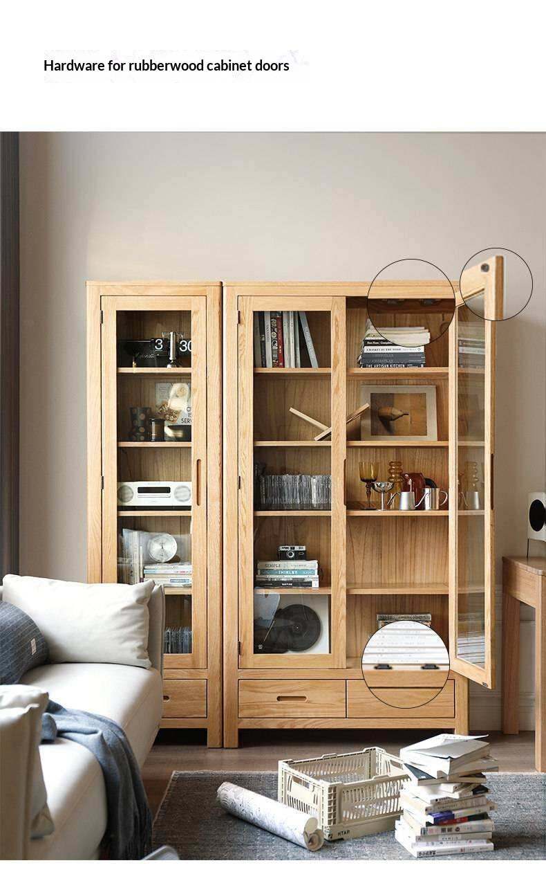 Oak, Solid Rubberwood Modern Bookcase with Glass Door Display Cabinet