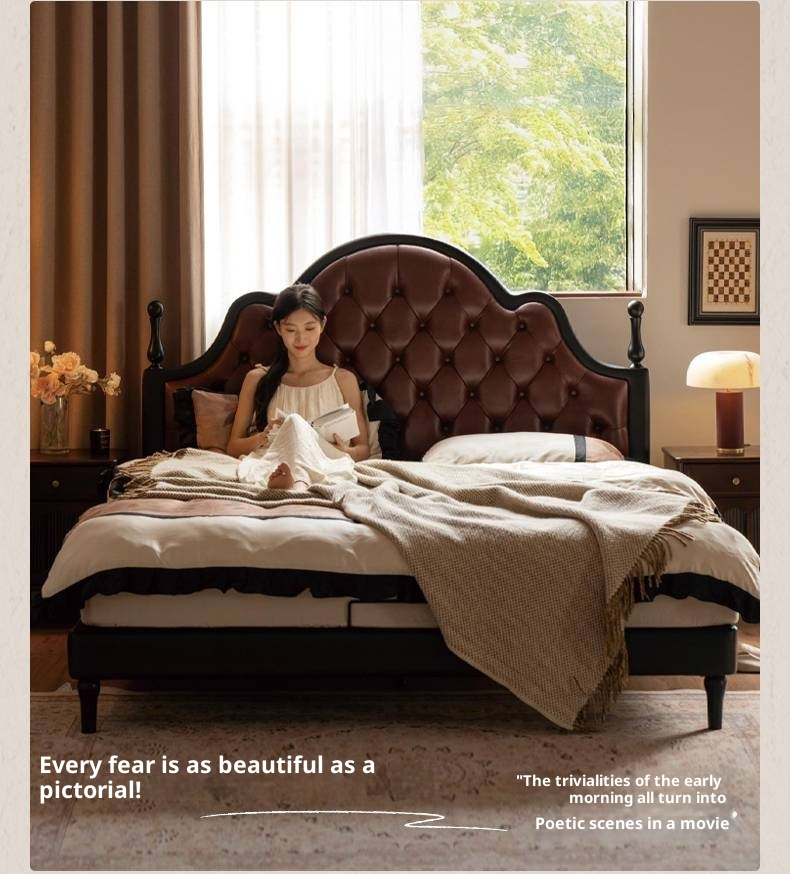 Genuine Leather Elegant Soft Backrest Bed, French Retro
