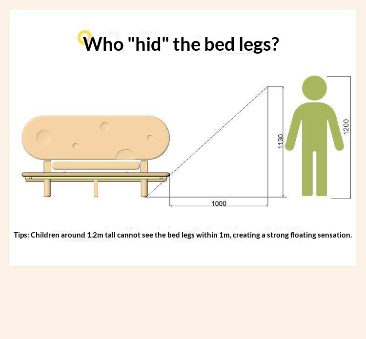 Beech Solid Wood Kids Floating Bed with Night Light and Optional Guardrails