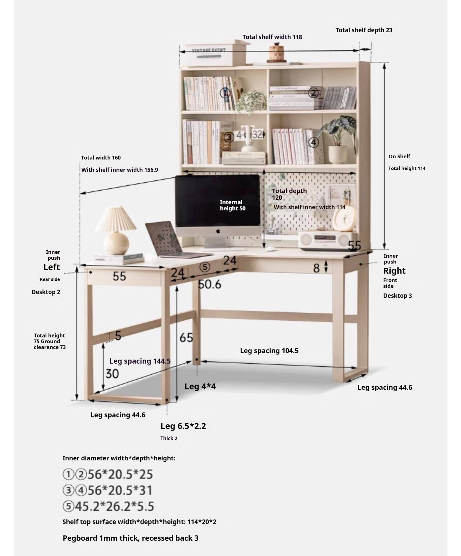 Oak Solid Wood Modern Cream Style Desk and Bookshelf Integrated