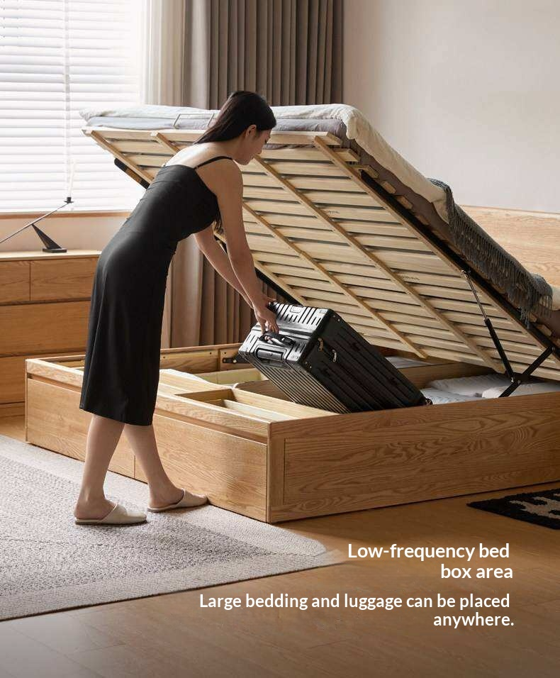 Oak Solid Wood Storage Bed with Hydraulic Lift-Up Frame and drawers